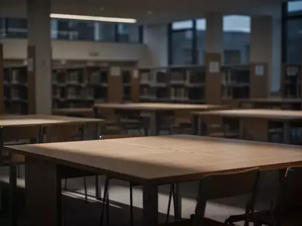Ein ruhiger, leerer Lernraum in einer Universitätsbibliothek mit sanftem Licht und Schatten. - Foto: über boerse-global.de