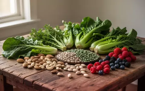 Eine Auswahl an frischem Gemüse, Nüssen und Beeren auf einem Holztisch als Symbol für eine entzündungshemmende Ernährung. - Foto: über boerse-global.de