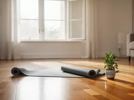 Ein heller, minimalistisch eingerichteter Raum mit einer ausgerollten Yogamatte auf einem Holzboden und einer Pflanze. - Foto: über boerse-global.de