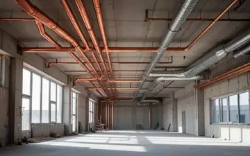 Freigelegte Kupferrohre und Lüftungsschächte unter einer Betondecke auf einer Baustelle der Gebäudetechnik. - Foto: über boerse-global.de