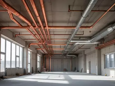 Freigelegte Kupferrohre und LĂŒftungsschĂ€chte unter einer Betondecke auf einer Baustelle der GebĂ€udetechnik. - Foto: ĂŒber boerse-global.de