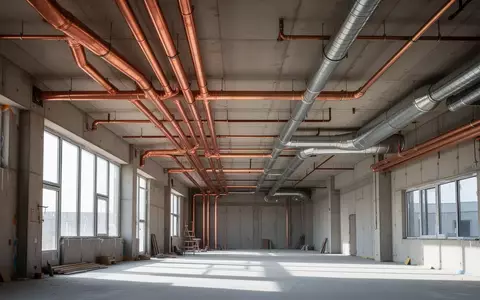 Freigelegte Kupferrohre und Lüftungsschächte unter einer Betondecke auf einer Baustelle der Gebäudetechnik. - Foto: über boerse-global.de