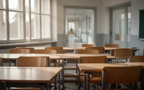 Ein leerer, sonnendurchfluteter Klassenraum mit Holztischen in einer bayerischen Schule. - Foto: über boerse-global.de