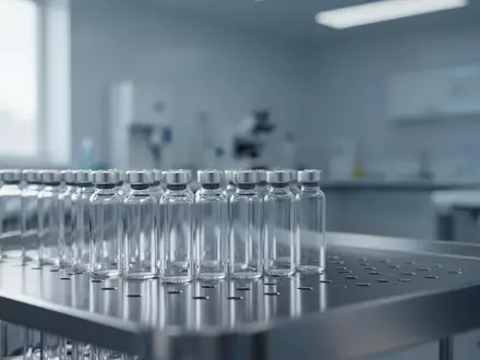 Leere medizinische Glasfläschchen auf einer Edelstahloberfläche in einem sterilen Laborumfeld. - Foto: über boerse-global.de