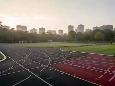 Leere, moderne Leichtathletikanlage in einer städtischen Parklandschaft bei Sonnenaufgang. - Foto: über boerse-global.de