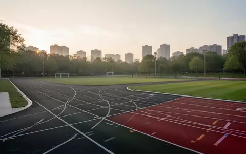 Leere, moderne Leichtathletikanlage in einer städtischen Parklandschaft bei Sonnenaufgang. - Foto: über boerse-global.de