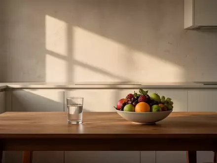 Ein minimalistischer, sonnendurchfluteter Küchentisch mit einem Glas Wasser und einer Schale frischem Obst am Morgen. - Foto: über boerse-global.de