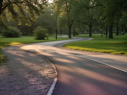 Ein geschwungener Laufweg in einem grünen Park bei spätem Nachmittagslicht. - Foto: über boerse-global.de