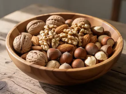 Eine mit verschiedenen rohen Nüssen gefüllte Holzschale auf einem rustikalen Holztisch bei natürlichem Tageslicht. - Foto: über boerse-global.de