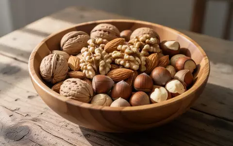 Eine mit verschiedenen rohen Nüssen gefüllte Holzschale auf einem rustikalen Holztisch bei natürlichem Tageslicht. - Foto: über boerse-global.de