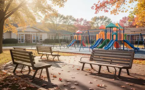 Ein sonniger, leerer Schulhof mit Spielgeräten und Holzbänken an einem Herbsttag. - Foto: über boerse-global.de