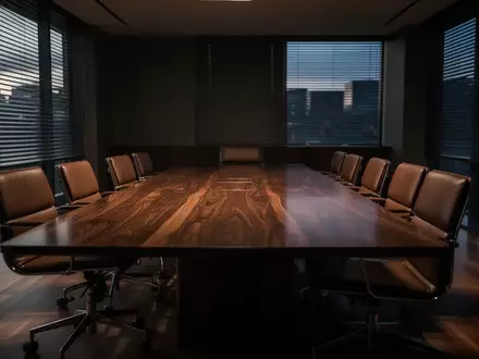 Ein minimalistischer, leerer Konferenzraum mit einem Mahagonitisch und Lederstühlen im gedimmten Licht. - Foto: über boerse-global.de