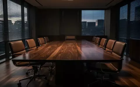 Ein minimalistischer, leerer Konferenzraum mit einem Mahagonitisch und LederstĂĽhlen im gedimmten Licht. - Foto: ĂĽber boerse-global.de