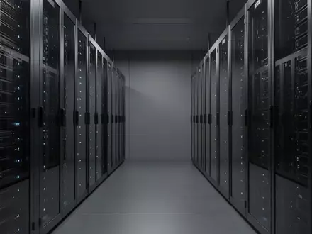 Ein moderner Serverraum mit ordentlich aufgereihten, dunklen Metall-Serverracks und dezenter, kühler LED-Beleuchtung. - Foto: über boerse-global.de