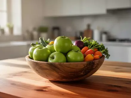 Eine Schale mit frischem Obst und Gemüse auf einem Küchentisch bei natürlichem Tageslicht. - Foto: über boerse-global.de