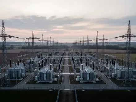 Moderne Hochspannungsschaltanlage in einer weitläufigen Landschaft bei Dämmerung. - Foto: über boerse-global.de
