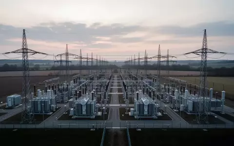 Moderne Hochspannungsschaltanlage in einer weitläufigen Landschaft bei Dämmerung. - Foto: über boerse-global.de
