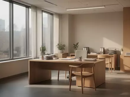Ein leerer, modern gestalteter Büroraum mit minimalistischen Holzmöbeln und hellem Tageslicht. - Foto: über boerse-global.de