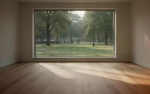 Ein heller, leerer Raum mit Holzboden und Blick in einen grünen Park, der zur Bewegung einlädt. - Foto: über boerse-global.de