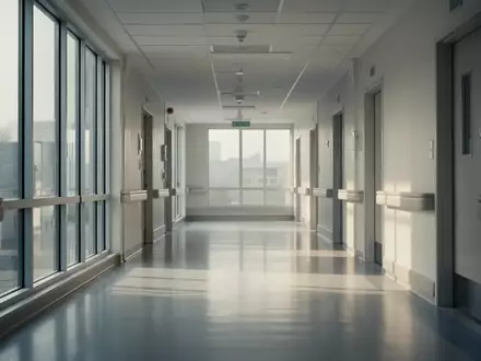 Ein heller, minimalistischer Krankenhausflur mit natürlichem Lichteinfall und klaren architektonischen Linien. - Foto: über boerse-global.de