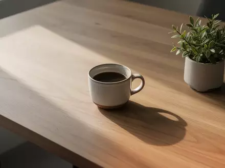 Ein minimalistischer, aufgeräumter Arbeitsplatz mit einer Holztischplatte, einer Kaffeetasse und einer kleinen Zimmerpflanze. - Foto: über boerse-global.de