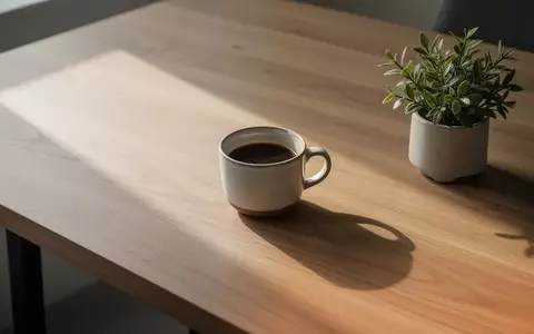 Ein minimalistischer, aufgeräumter Arbeitsplatz mit einer Holztischplatte, einer Kaffeetasse und einer kleinen Zimmerpflanze. - Foto: über boerse-global.de