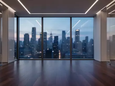 Ein minimalistisch gestalteter, leerer Büroinnenraum bei Dämmerung mit Blick auf eine verschwommene Skyline. - Foto: über boerse-global.de