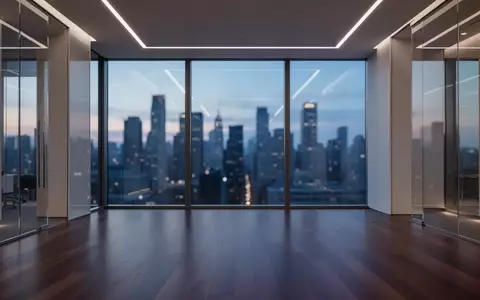 Ein minimalistisch gestalteter, leerer Büroinnenraum bei Dämmerung mit Blick auf eine verschwommene Skyline. - Foto: über boerse-global.de