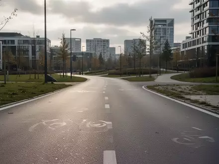 Ein leerer asphaltierter Fahrradweg in einem städtischen Park an einem bewölkten Tag. - Foto: über boerse-global.de