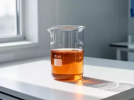 Ein klares Glasgefäß mit einer bernsteinfarbenen Flüssigkeit auf einem sterilen Labortisch bei natürlichem Tageslicht. - Foto: über boerse-global.de