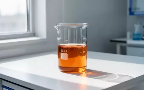 Ein klares Glasgefäß mit einer bernsteinfarbenen Flüssigkeit auf einem sterilen Labortisch bei natürlichem Tageslicht. - Foto: über boerse-global.de