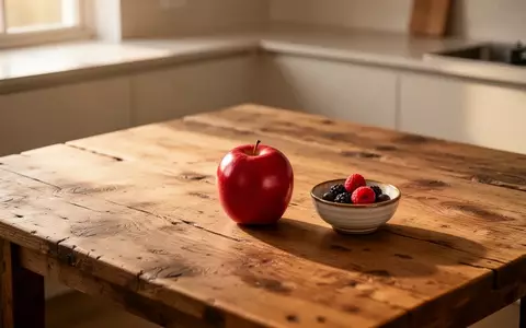 Ein einzelner roter Apfel und eine Schale mit Beeren auf einem schlichten Holztisch in einem hellen, minimalistischen Raum. - Foto: über boerse-global.de