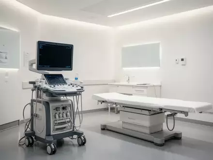 Ein minimalistischer, modern ausgestatteter medizinischer Untersuchungsraum in einer deutschen Klinik mit neutralem Licht. - Foto: über boerse-global.de