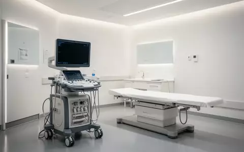 Ein minimalistischer, modern ausgestatteter medizinischer Untersuchungsraum in einer deutschen Klinik mit neutralem Licht. - Foto: über boerse-global.de