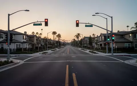 Eine leere Straßenkreuzung in einem modernen Vorort von San Diego bei Dämmerung. - Foto: über boerse-global.de