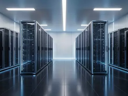 Modernes Rechenzentrum mit symmetrischen Server-Racks in einer minimalistischen, blau beleuchteten Umgebung. - Foto: über boerse-global.de