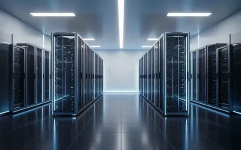 Modernes Rechenzentrum mit symmetrischen Server-Racks in einer minimalistischen, blau beleuchteten Umgebung. - Foto: über boerse-global.de