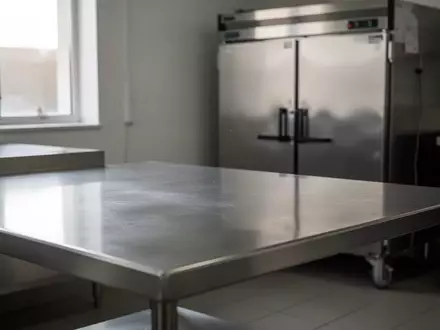 Eine saubere, unbenutzte Edelstahlarbeitsfläche in einer Küche mit einem großen Gefrierschrank im Hintergrund. - Foto: über boerse-global.de