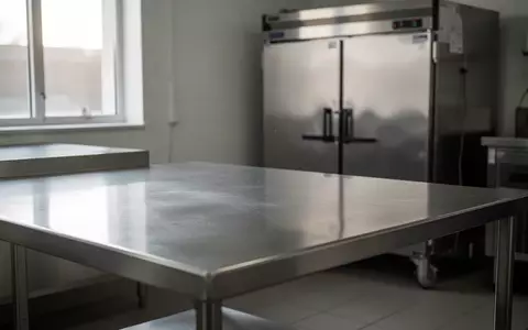 Eine saubere, unbenutzte Edelstahlarbeitsfläche in einer Küche mit einem großen Gefrierschrank im Hintergrund. - Foto: über boerse-global.de