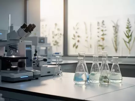 Ein modernes, minimalistisches Labor mit hochwertigen Analysegeräten und Glasbechern auf einer sterilen weißen Oberfläche. - Foto: über boerse-global.de