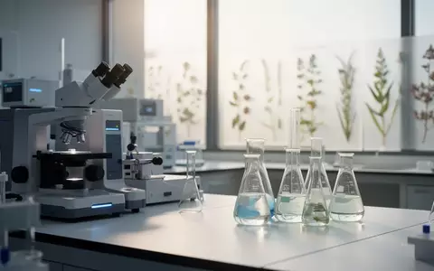 Ein modernes, minimalistisches Labor mit hochwertigen Analysegeräten und Glasbechern auf einer sterilen weißen Oberfläche. - Foto: über boerse-global.de