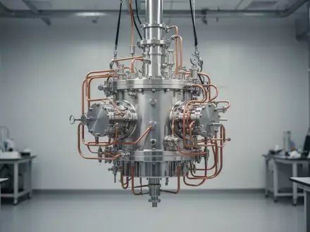 Eine hochpräzise kryogene Verdünnungskältemaschine in einem minimalistischen Laborumfeld mit komplexer Verkabelung. - Foto: über boerse-global.de