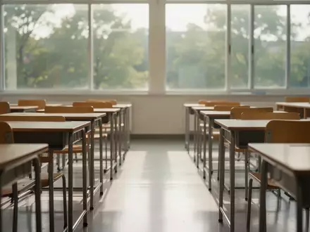 Ein heller, leerer Klassenraum mit modernen Holzmöbeln und einfallendem Tageslicht. - Foto: über boerse-global.de