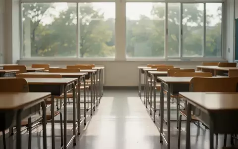Ein heller, leerer Klassenraum mit modernen Holzmöbeln und einfallendem Tageslicht. - Foto: über boerse-global.de