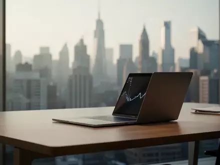 Moderner Büroarbeitsplatz mit Laptop vor einer verschwommenen Skyline, symbolisch für Finanzmärkte und Unternehmensstrukturen. - Foto: über boerse-global.de