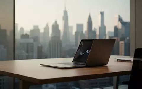 Moderner Büroarbeitsplatz mit Laptop vor einer verschwommenen Skyline, symbolisch für Finanzmärkte und Unternehmensstrukturen. - Foto: über boerse-global.de