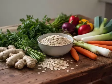 Frische saisonale Lebensmittel wie Ingwer, Kräuter, Haferflocken und Gemüse auf einem rustikalen Holztisch. - Foto: über boerse-global.de
