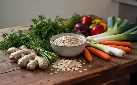 Frische saisonale Lebensmittel wie Ingwer, Kräuter, Haferflocken und Gemüse auf einem rustikalen Holztisch. - Foto: über boerse-global.de