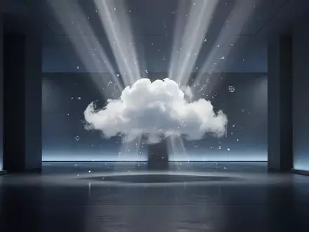 Abstrakte Darstellung von Cloud-Datensynchronisation mit sanftem blauen Licht in einem modernen, leeren Architekturraum - Foto: über boerse-global.de