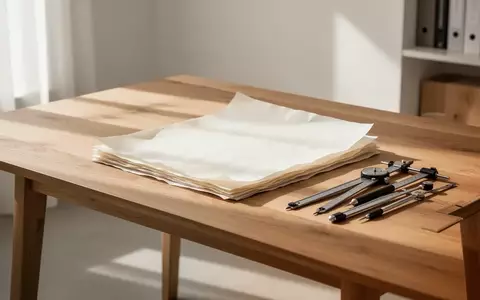 Ein heller, minimalistischer Arbeitsplatz mit einem Eichenschreibtisch, auf dem Papierstapel und Zeichenwerkzeuge liegen. - Foto: über boerse-global.de
